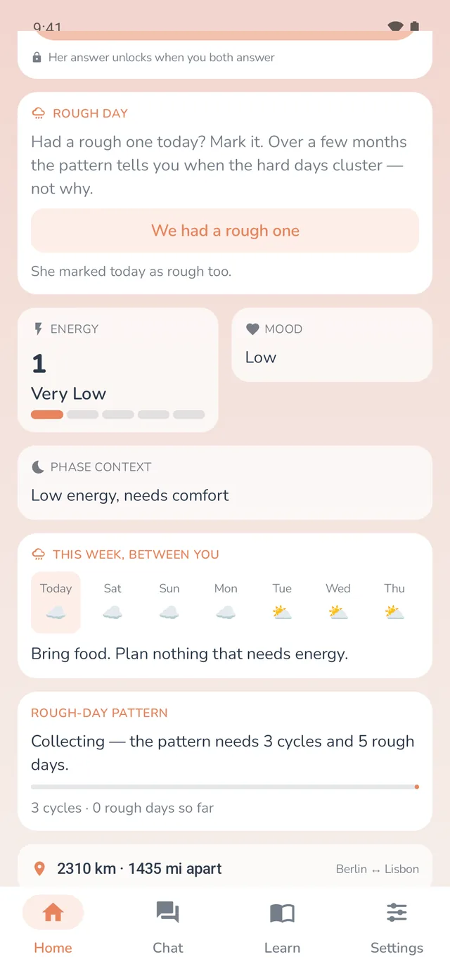 Your PinkyBond home after pairing: her phase, energy and tomorrow's line, with today marked rough