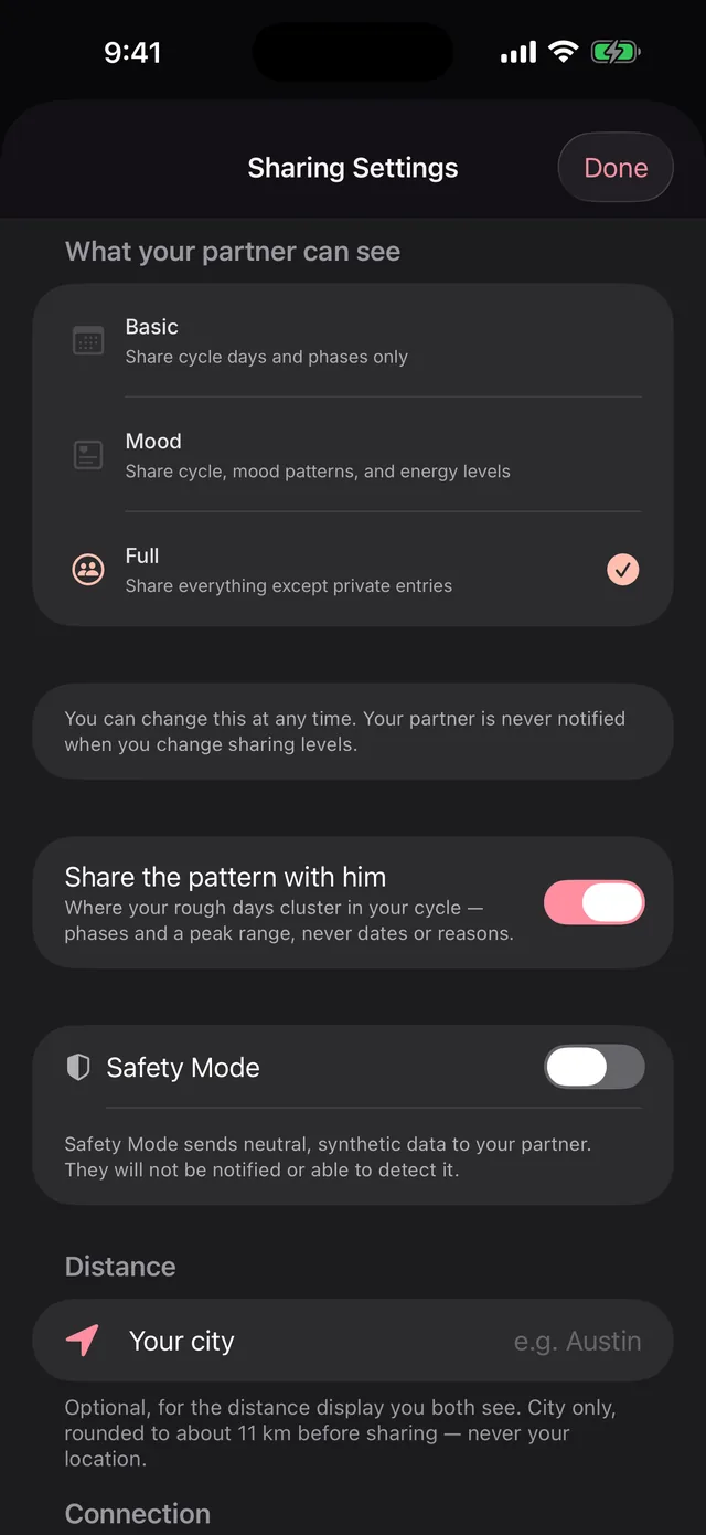 Her PinkyBloom sharing settings: Basic, Mood or Full, plus Safety Mode