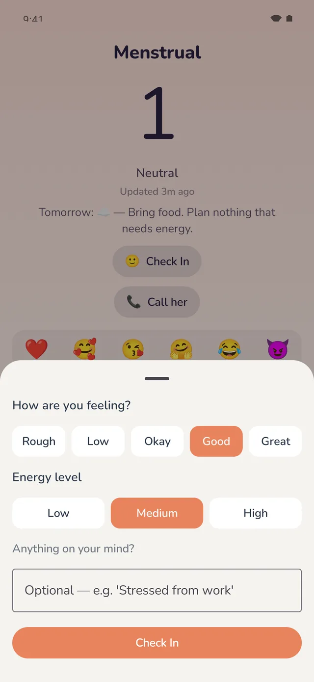 Your check-in sheet in PinkyBond: mood and energy chips